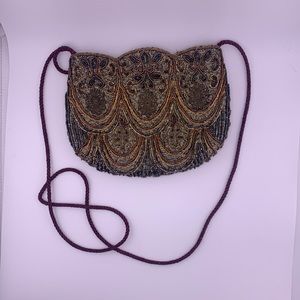 Vintage Green & Gold Bechamel beaded evening clutch w Maroon rope shoulder strap